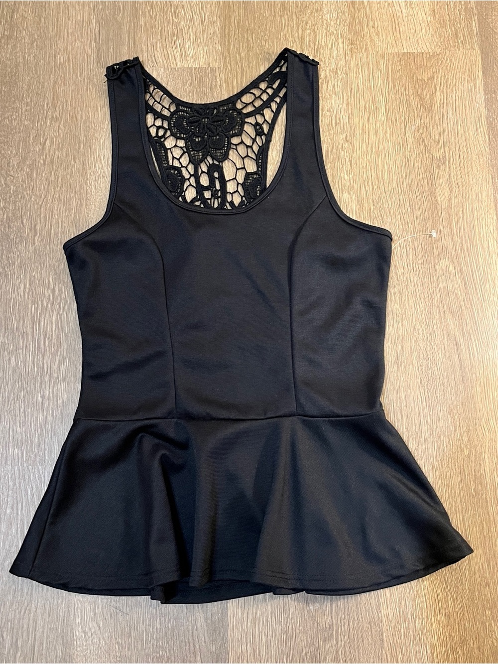 Bui-Yah-Kah Black Peplum Tank with Crochet Lace Back (M)